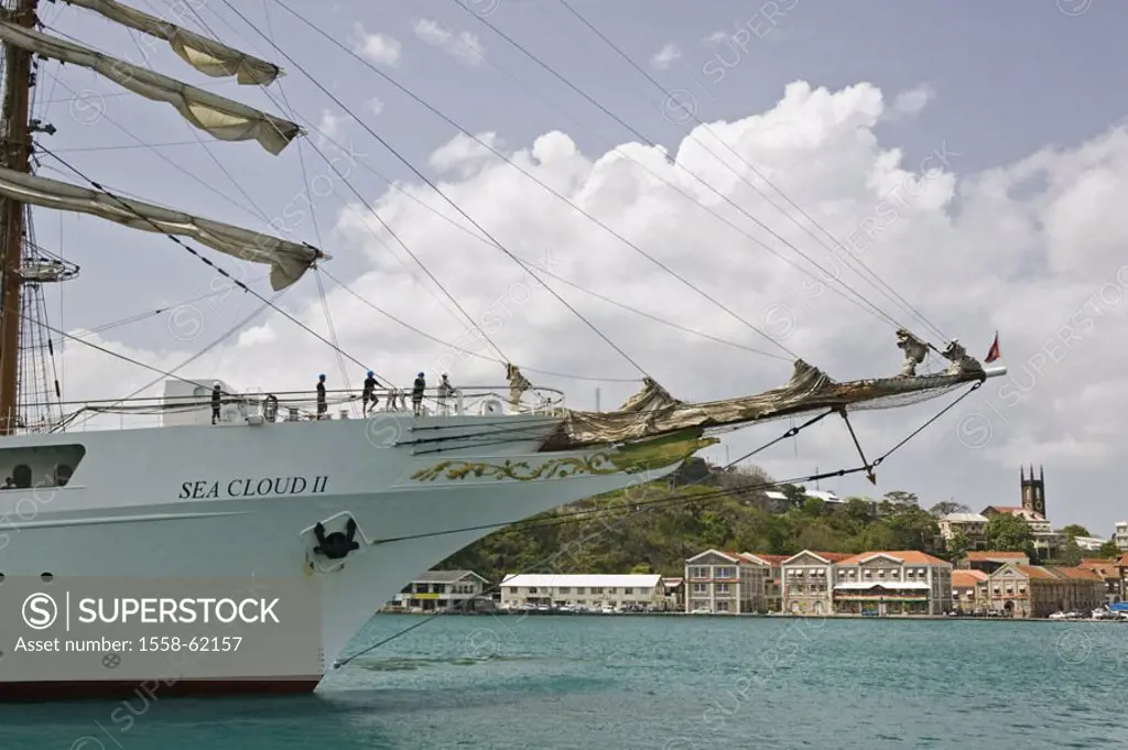 Grenada, St. George´s, harbor, Sail ship ´Sea Cloud 2´, detail, Bow Caribbean, West Indian islands, little one Antilles, islands over the wind, island...