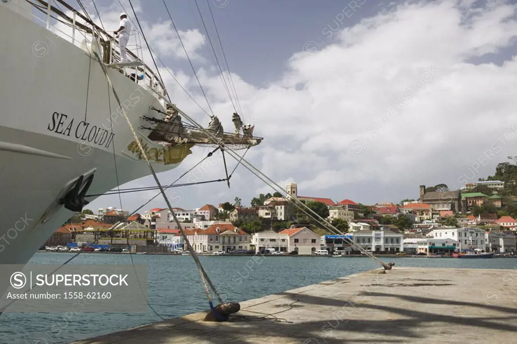 Grenada, St. George´s, view at the city, Harbor, sail ship ´Sea Cloud 2´, detail, anchoring Caribbean, West Indian islands, little one Antilles, islan...