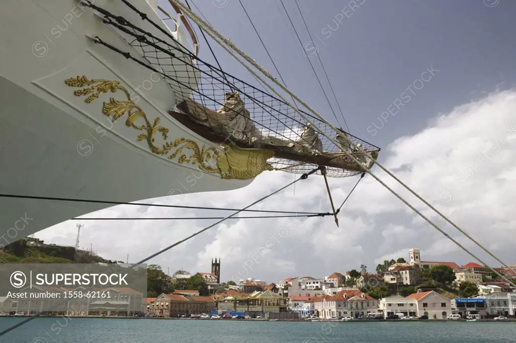 Grenada, St. George´s, view at the city, Harbor, sail ship ´Sea Cloud 2´, detail, anchoring Caribbean, West Indian islands, little one Antilles, islan...