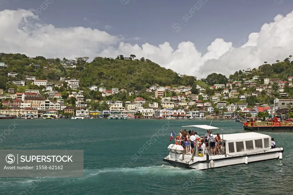 Grenada, St. George´s, view at the city, Harbor, sail ship ´Sea Cloud 2´, Ship Shuttle, tourists, Caribbean, West Indian islands, little one Antilles,...