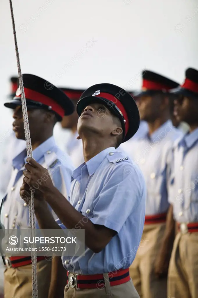 Grenada, St. George´s, fort George, Police, parade, installation, police officer, Flag, hoists, gaze upwards, Caribbean, West Indian islands, little o...