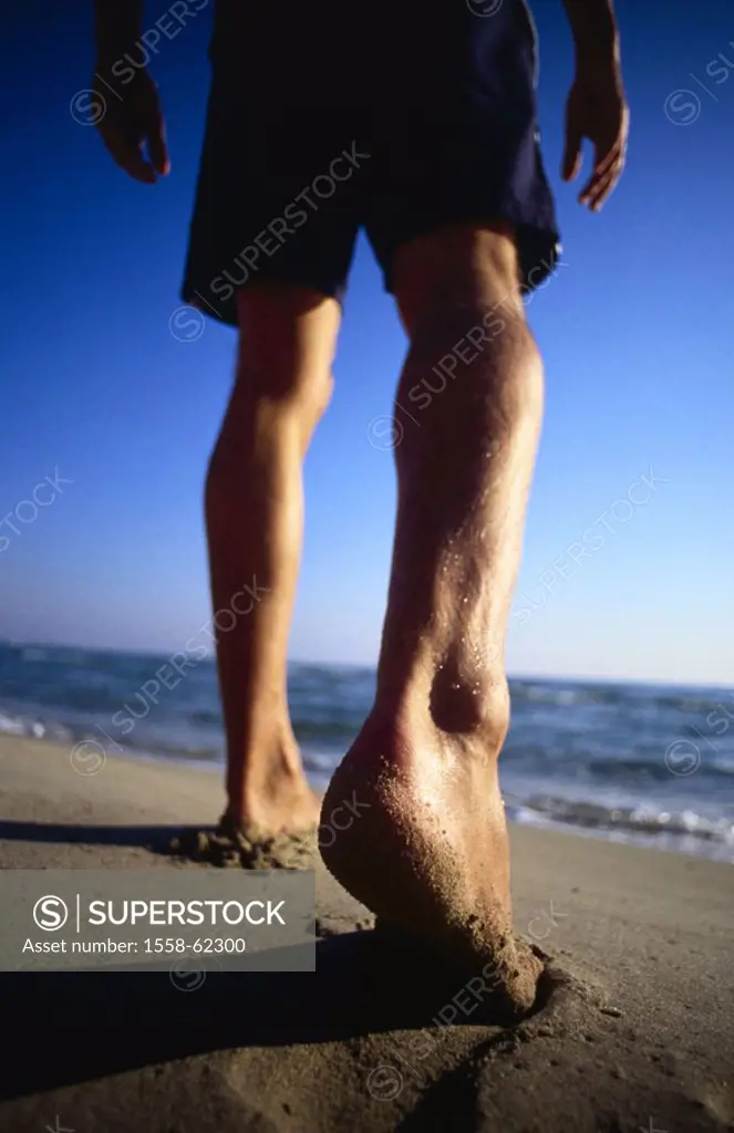 Man, shorts, nakedfoot, Strandspaziergang, Detail, legs, from below   Sandy beach, beach, man, men´s legs, walk, Movement, going, activity, health, le...