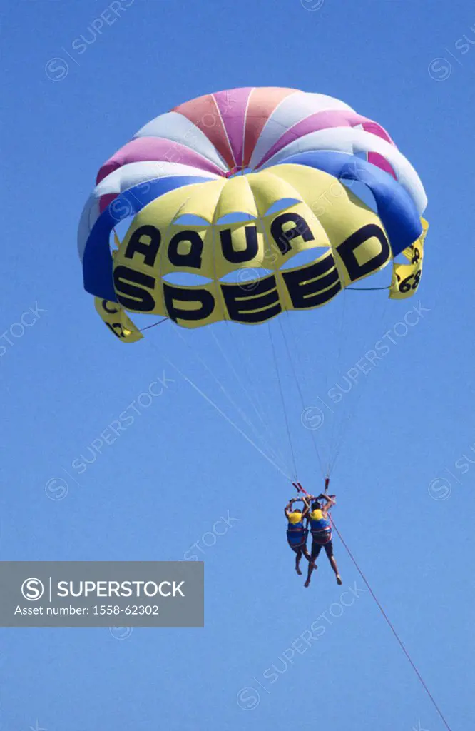 couple, Parasailing, view from behind    Tourists, Tandem-Parasailing, to second, tandem, parachute, tow-rope, pulls, flie, enjoyments, fun, adventure...