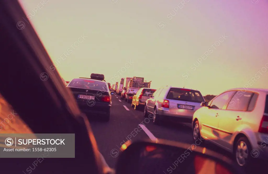 Highway, jam, evening mood   Federal highway, multilane, three-track-y, traffic, volume of traffic, sheet metal avalanche, auto snake, cars, vehicles,...