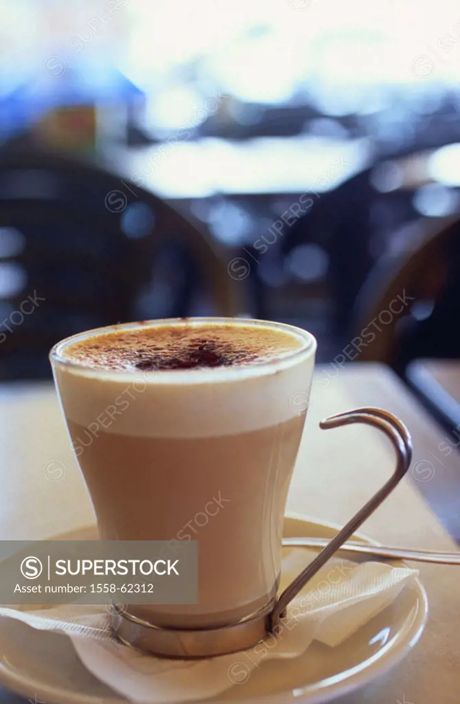 Street cafe, table, glass,  Slat Macchiato  Cafe, beverage, milk coffee, coffee, beverage, Italian,  Enlivening coffee beverage, hot, non-alcoholic, c...