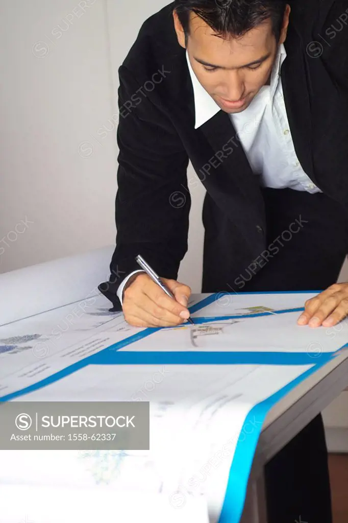 Office, architect, sign plan, draws,  broached  Man, 20-30 years, 30-40 years, shirt, suit, business, office worker, architecture office, architecture...