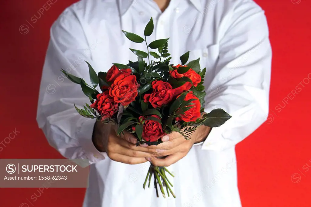 Man, detail, hands, rose bouquet, holding   Shirt, white, bouquet, flower bouquet, flowers, red roses concept mother day birthday Valentine´s day, lov...