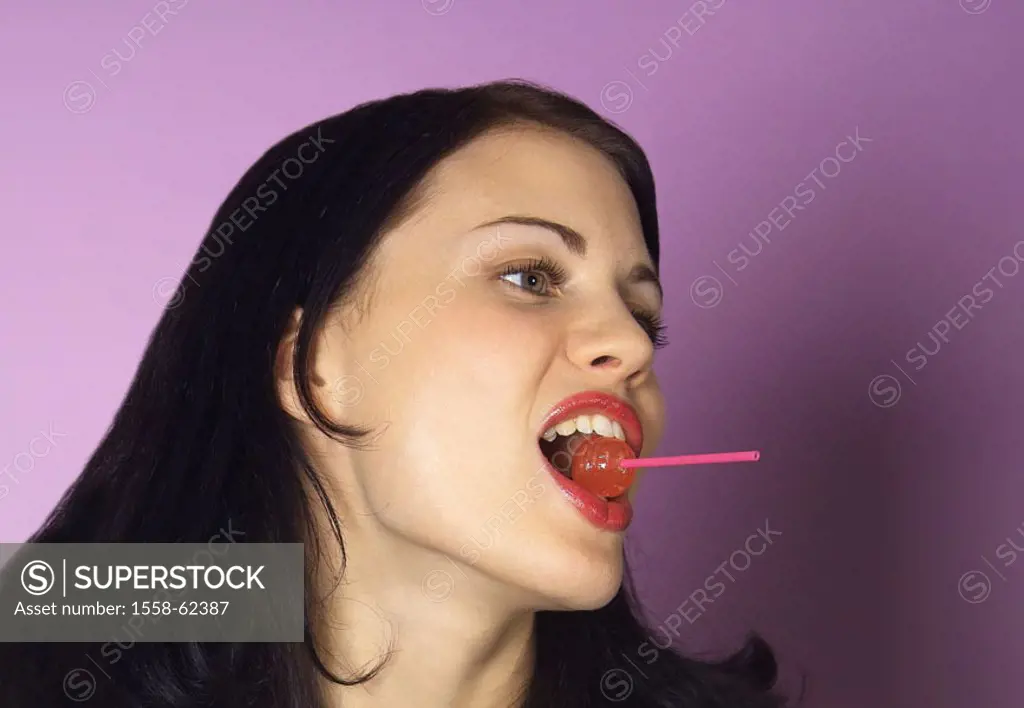 Woman, young, mouth frankly, teeth,  Lollipop, holding, portrait, on the side  Series, side portrait, teenagers, 18-20 years, 20-30 years, dark-haired...