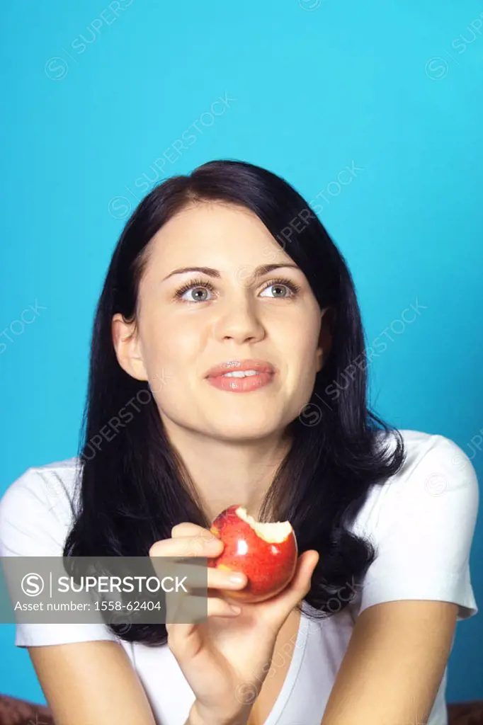 Woman, young, apple, smiling eat,  Portrait  Series, women portrait, teenagers, 18-20 years, 20-30 years, dark-haired, long-haired, nicely, natural, k...