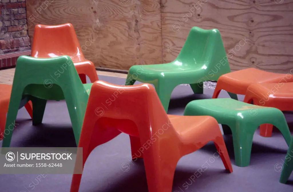 Child chairs, red, green, empty,   Kindergarten, game corner, plastic chairs, chairs, colorfully, colorfully, seat, symbol, childhood, abandoned, nobo...