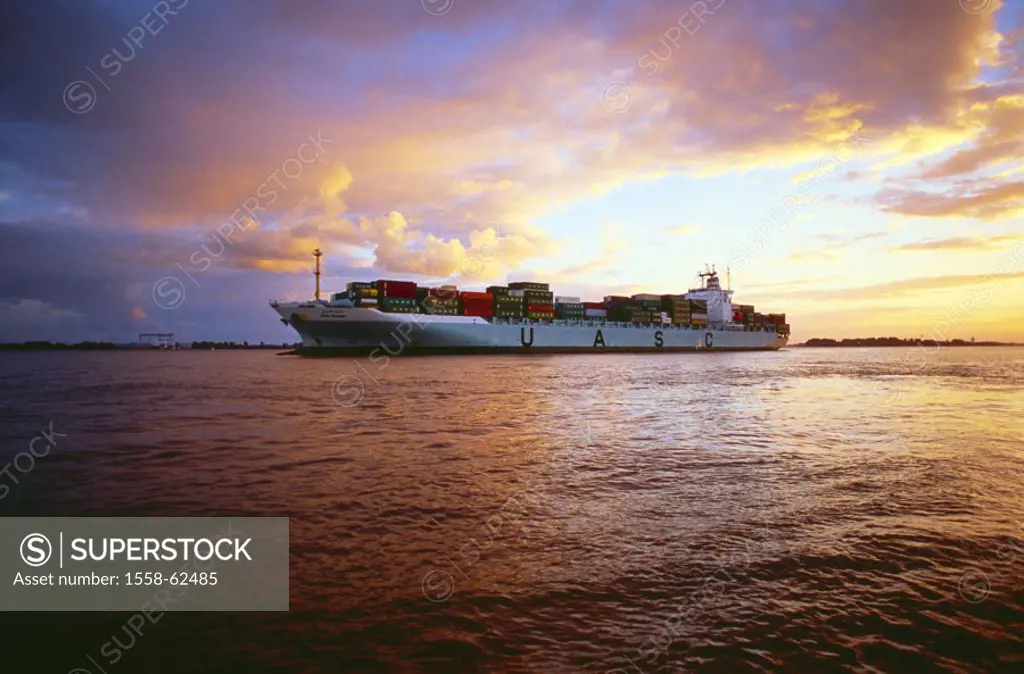 Elbe, container ship, evening mood   River, inner shipping, shipping, ship, freighter, Freighters, freight, containers, transportation, Cargo, logisti...