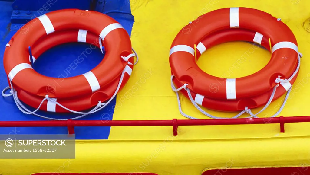 Ship deck, life-preservers,    Ship, deck, blue-yellow, mounting, swimming tires, rescue tires, rescue means, swimming help, rescue appliances, symbol...