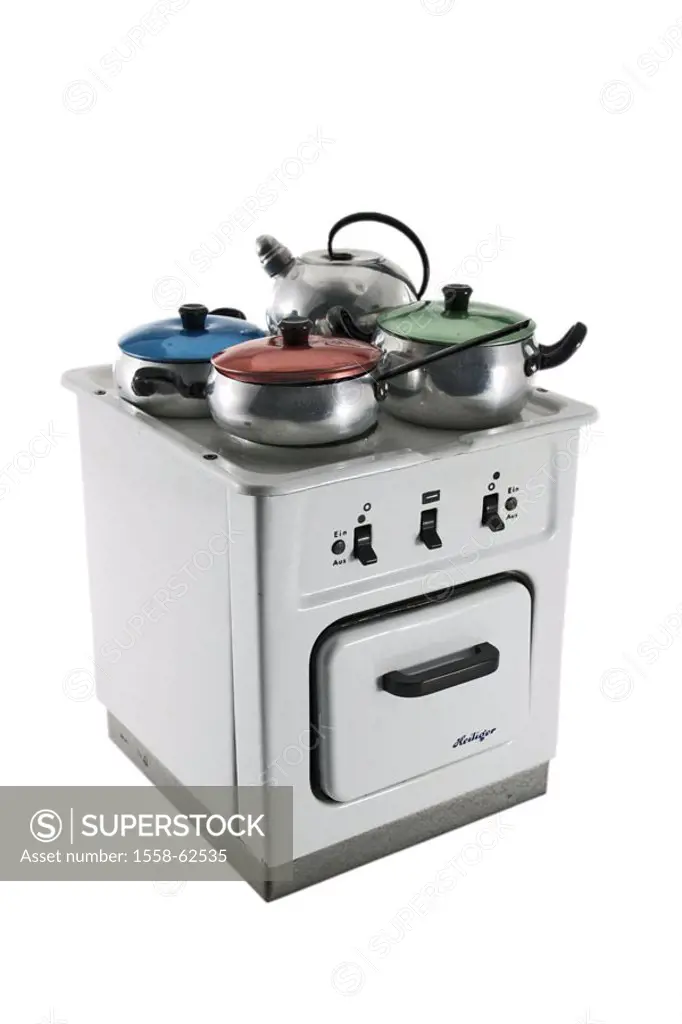 Toy stove, saucepans,   Antique toy, toy, toy, doll kitchen, stove, child stove, pots, pots, boilers, mini, miniature, symbol, concept, childhood, chi...