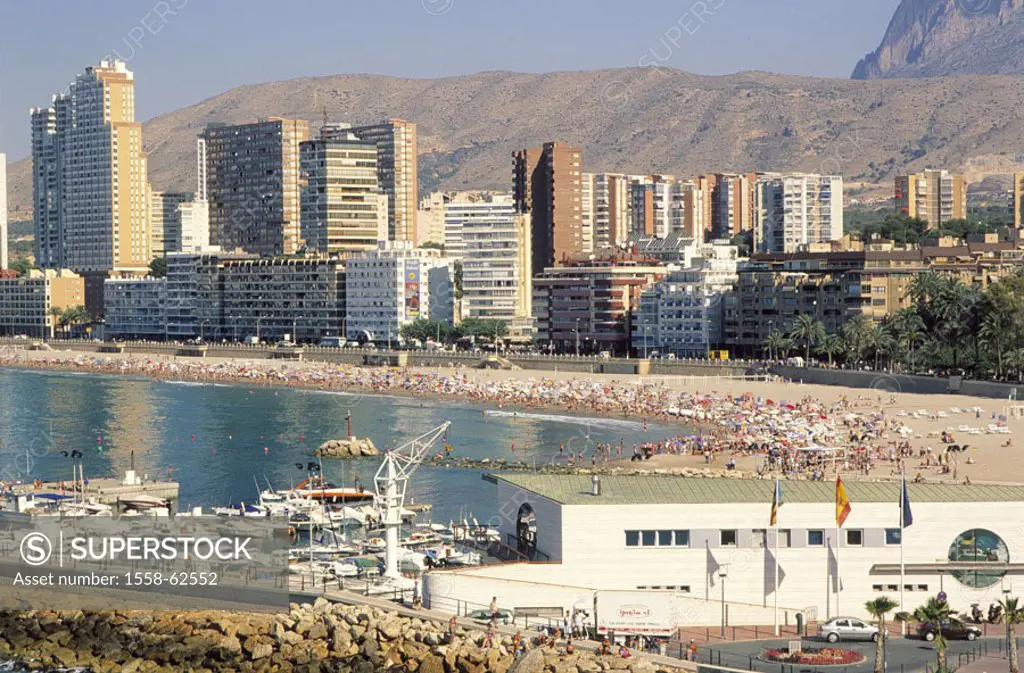 Spain, Costa Blanca, Benidorm,  view at the city, beach, sea  Europe, Iberian peninsula, Espana, coast, Mediterranean coast, city, sea resort, houses,...