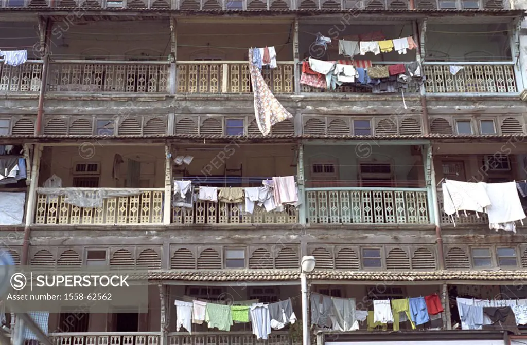 India, Bombay, Hausfassade, Detail, balconies, laundry  Asia, South Asia, Maharashtra, Marathi, Mumbai, house, Residence, buildings, facade, descended...