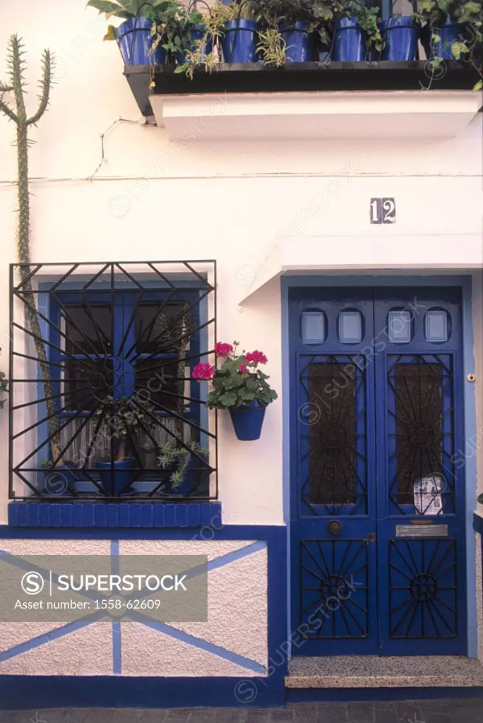 Residence facade, detail, entrance,  Windows  Residence, house, house facade, facade, outside wall, balcony, front door, door, blue, blue-white, flowe...