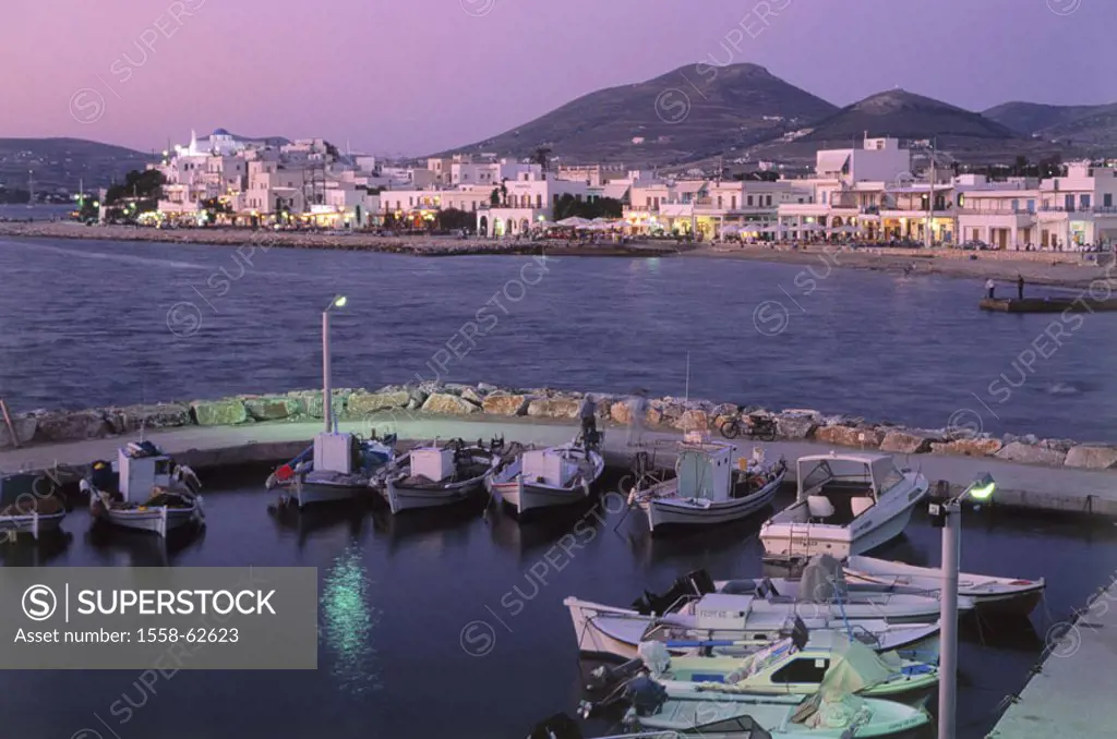 Greece, Kykladen, island Paros,  Parikia, view at the city, harbor, boats,  Illumination Europe, Hellas, Kykladeninsel, Mediterranean island, Mediterr...