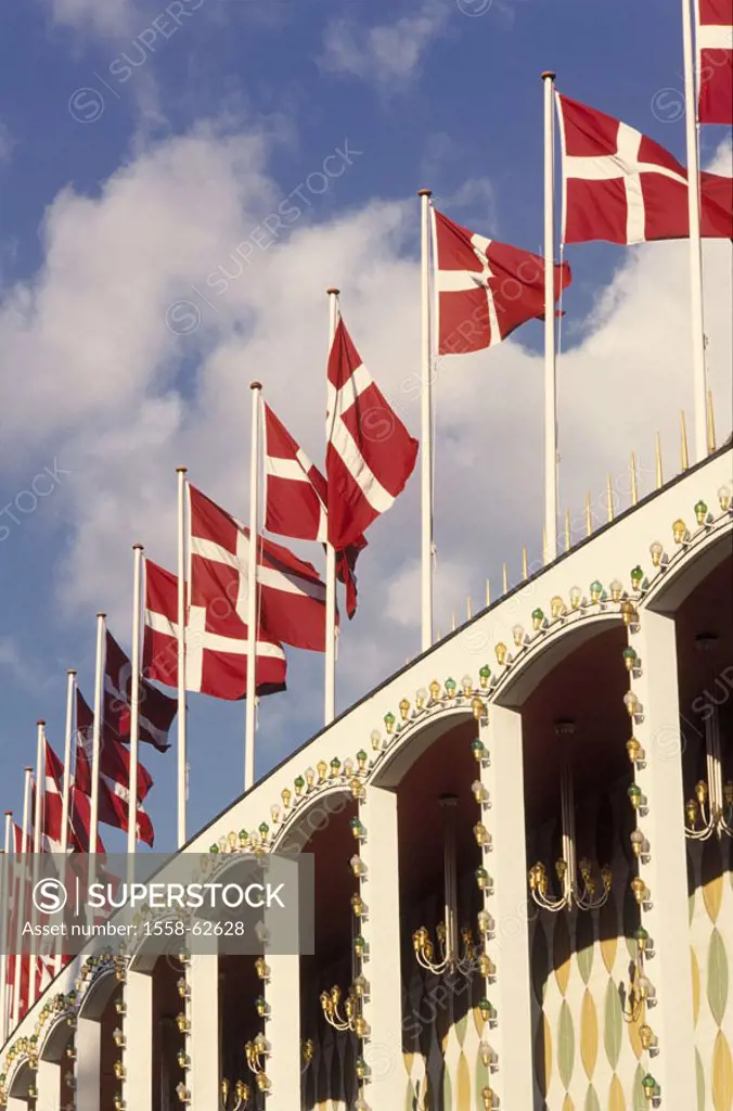 Denmark, Copenhagen, Tivoli  Concert hall, detail, flags  Europe, Scandinavia, Danmark, city, island Zealand, Sjælland, København, capital, Vesterbrog...