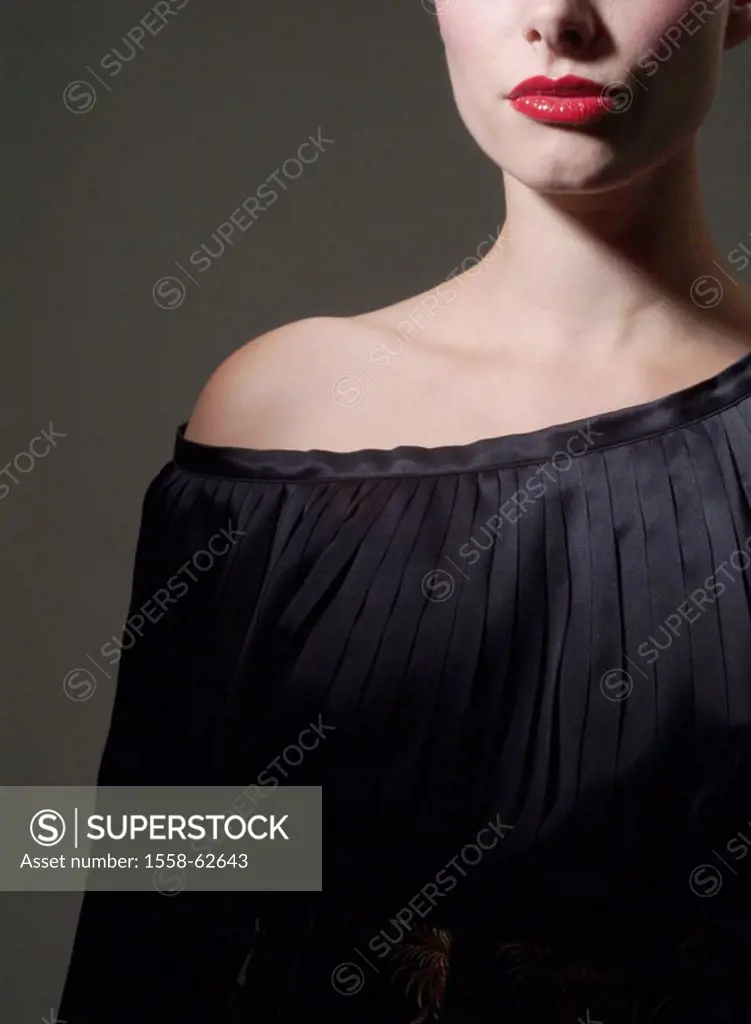 Woman, evening dress, strapless, detail %0A%0A%0Ajung, lips, red, made up seriously, silk cloak, %0AKleid, black, clothing, fashion, Fashion, elegance...
