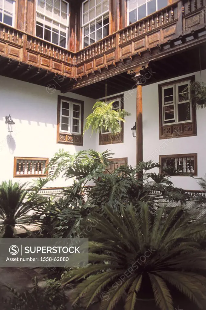 Tenerife, La Laguna, residence, Inner courtyard, detail, potted plants  Canary islands, Canaries, island, house, buildings, City house, facade, balcon...