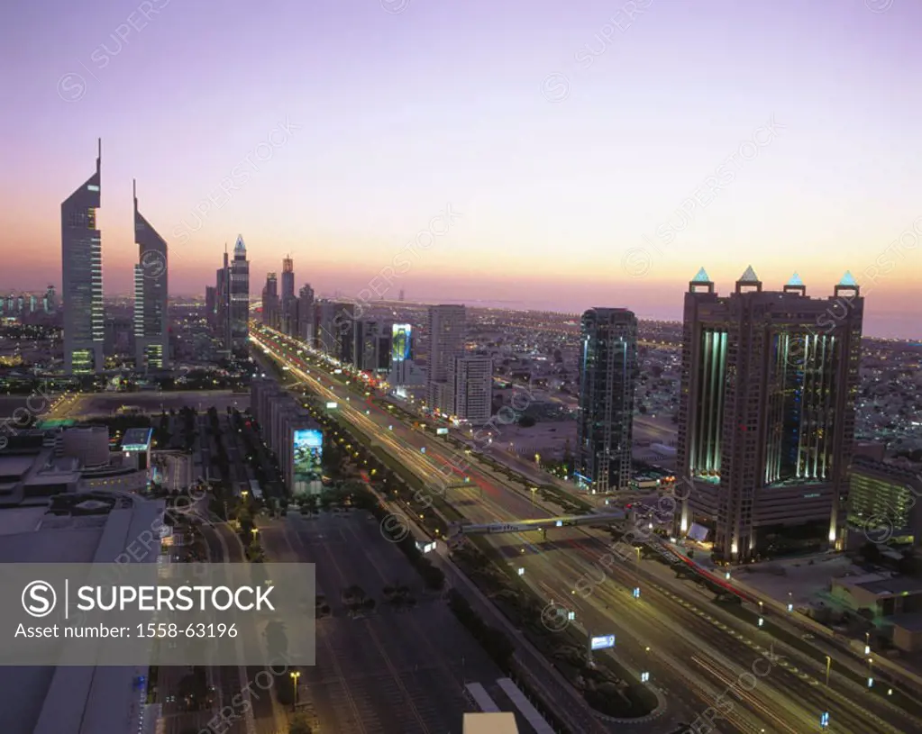 United Arabic emirates, Dubai, Sheikh Zayed Road, illumination,  Twilight Fore Orient, Near east, near east, Arabic peninsula Arabia VAE of United Ara...