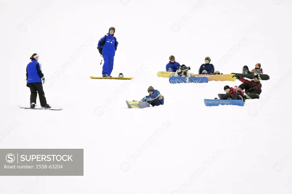 Skipiste, Snowboard-Schule, Snowboard-Lehrer, children, sit snow Track, departure, ski departure, Snowboarder, adults, Teachers, children, students, S...