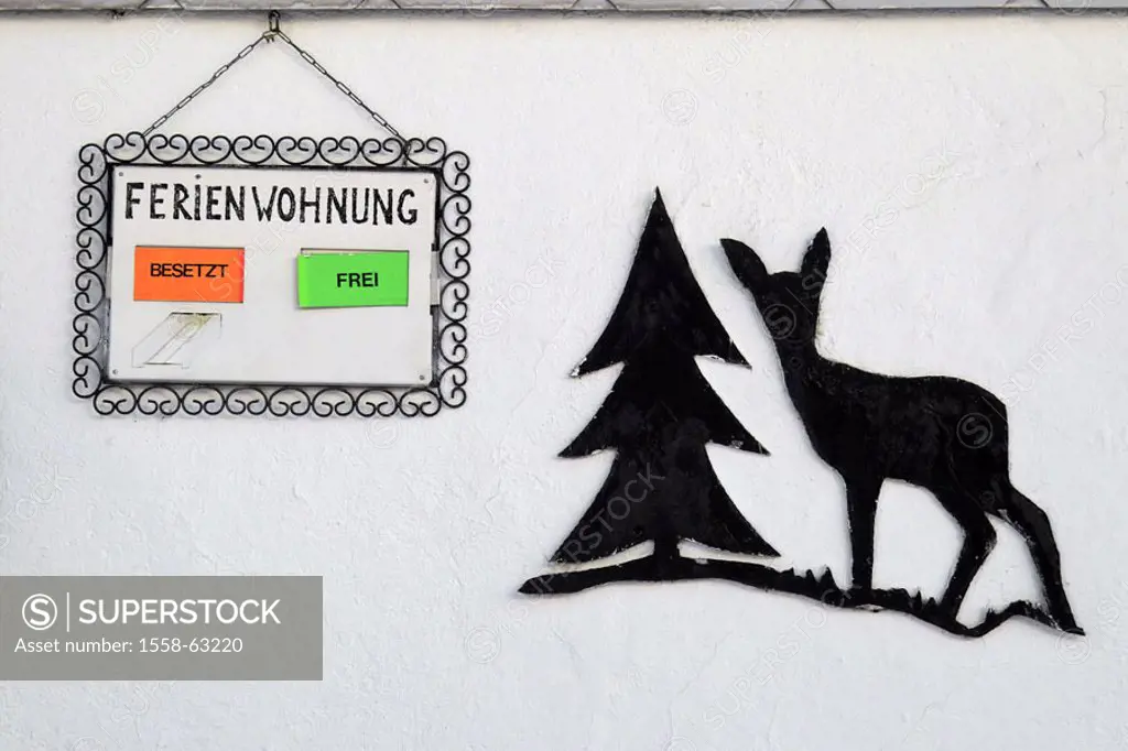 House wall, sign, Ferienwohnung occupy / freely, representation, fir, deer  Hotel, pension, house, guesthouse, wall, wall, sign, hint, information, at...