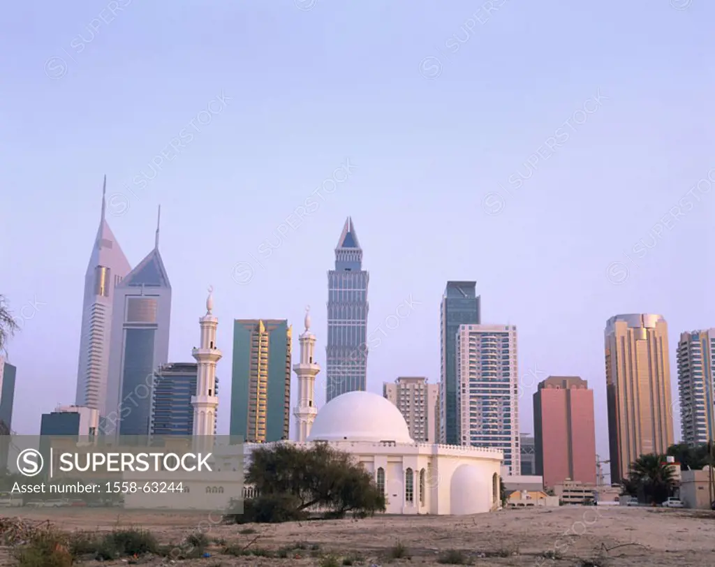 United Arabic emirates, Dubai, Mosque, skyscrapers, twilight  Fore Orient, Near east, near east, Arabic peninsula Arabia VAE of United Arab emirate UA...