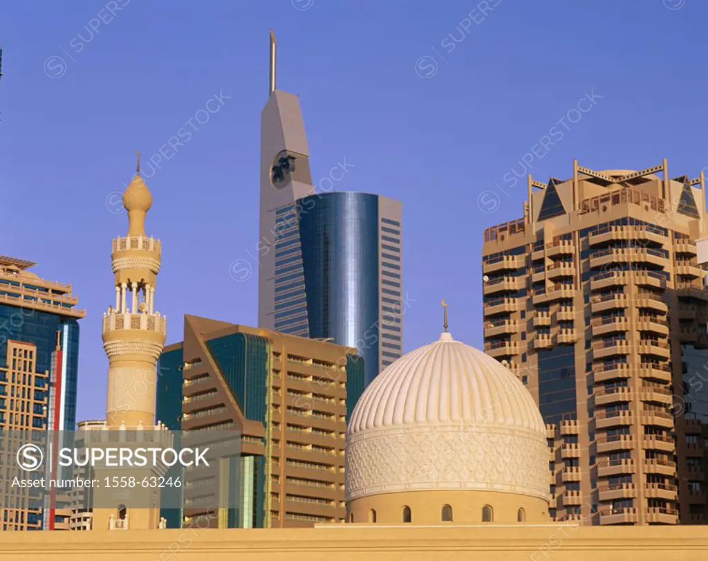 United Arabic emirates, Dubai, skyscrapers, mosque, detail, dome,  Minaret Fore Orient, Near east, near east, Arabic peninsula Arabia VAE of United Ar...