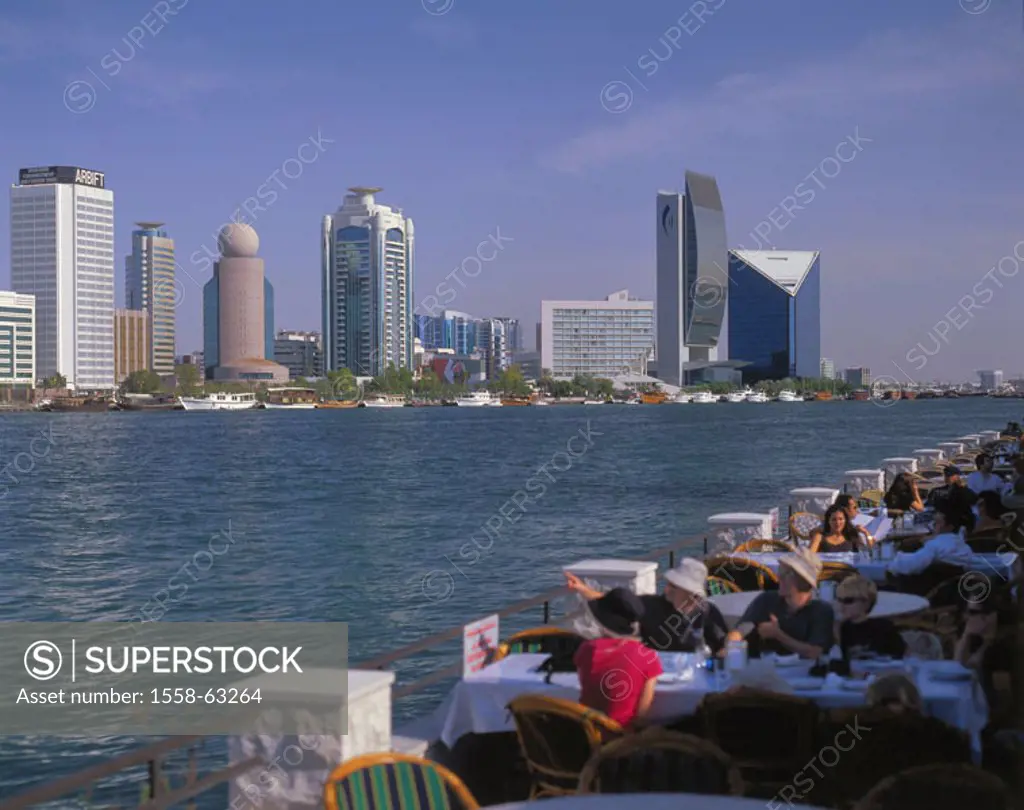 United Arabic emirates, Dubai, skyscrapers, Creek, boats,  Street cafe, guests, Fore Orient, Near east, near east, Arabic peninsula Arabia VAE of Unit...