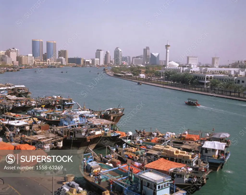 United Arabic emirates, Dubai, view at the city, skyline, Dubai-Creek,  Landing place, boats, Fore Orient, Near east, near east, Arabic peninsula Arab...