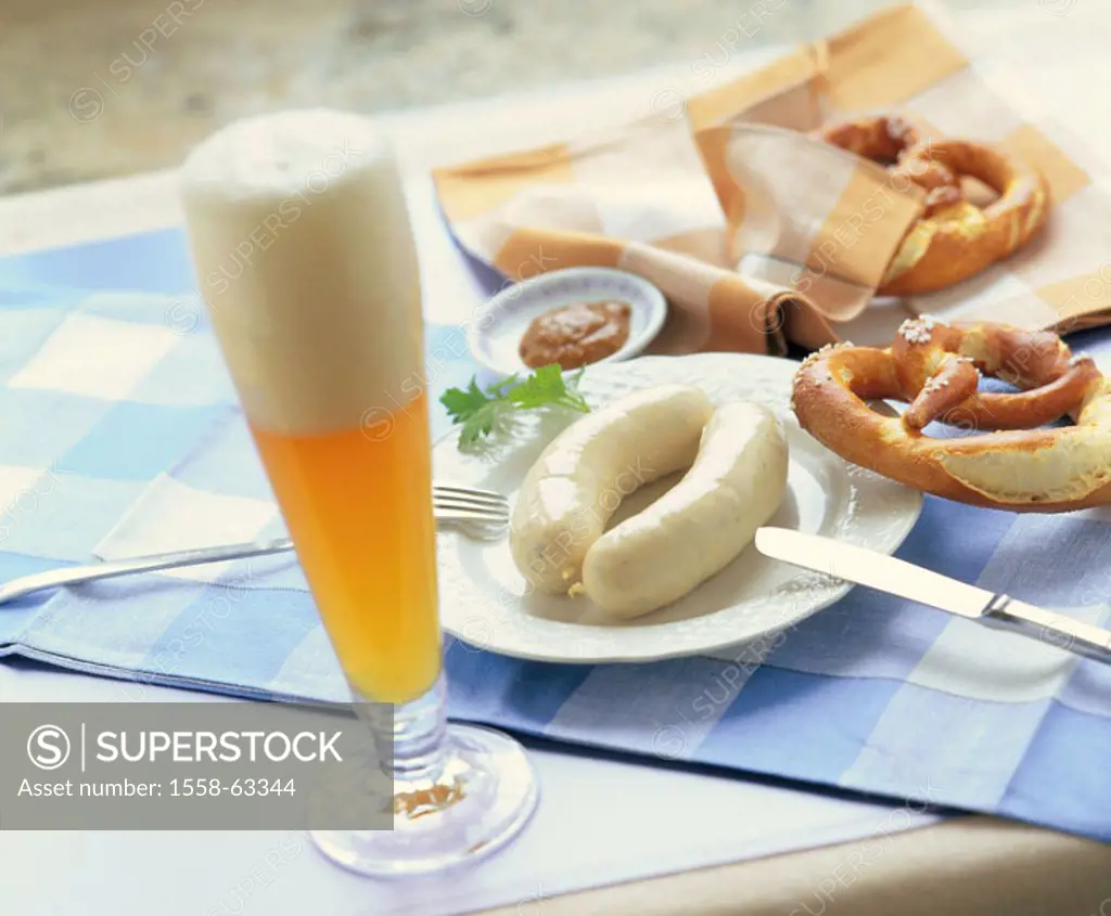 Bread time, plates, white sausages,  Laugenbreze, wheat beer,  Food, Bavarian, traditionally, regional specialty, meal, meal, sausages, white sausage,...