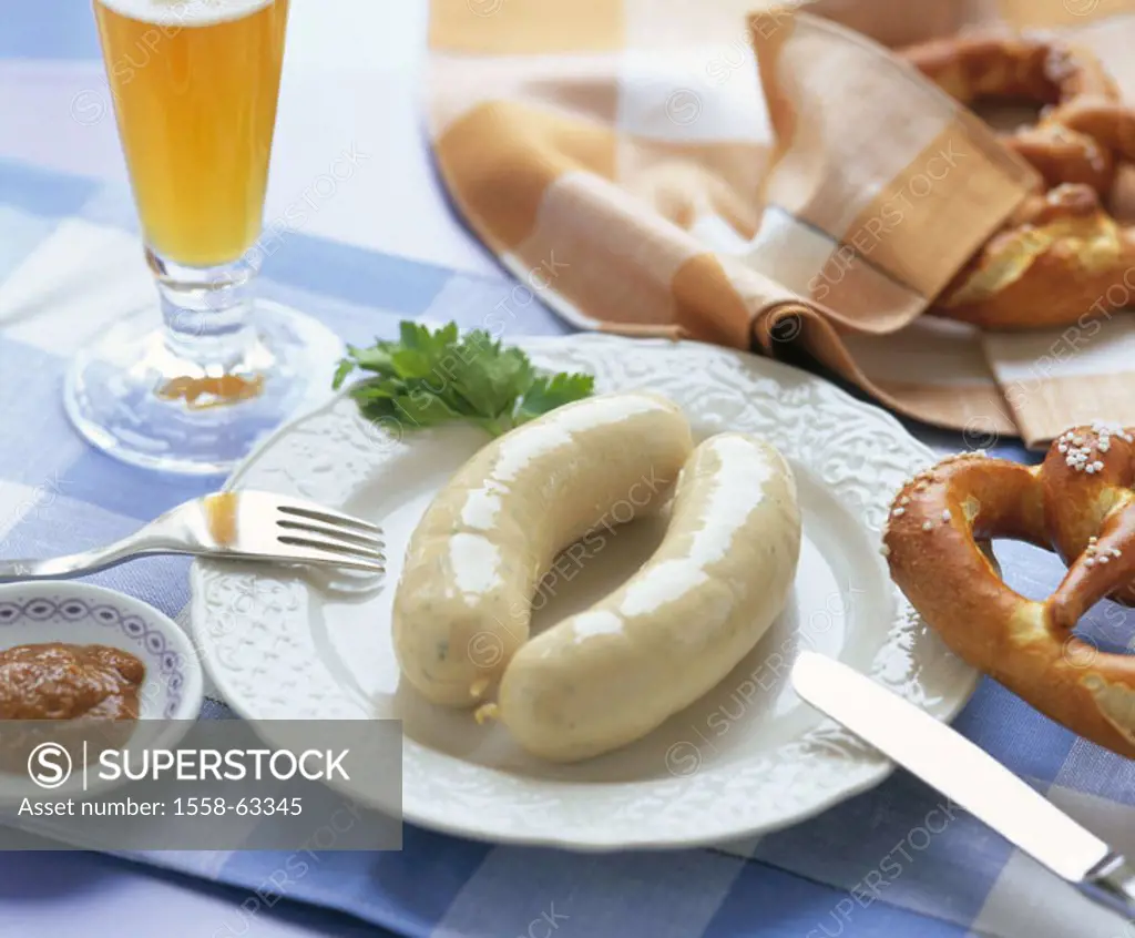 Bread time, plates, white sausages,  Laugenbreze, wheat beer, detail  Food, Bavarian, traditionally, regional specialty, meal, meal, sausages, white s...