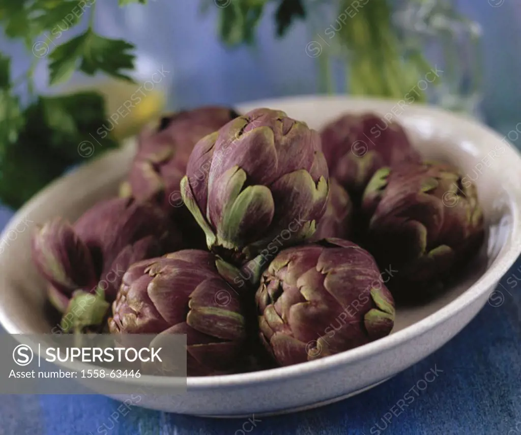 Plates, artichokes, Cynara  scolymus, parsley  Vegetables, vegetable plants, composites, blooms, bloom heads, leaf sheds, nutrition healthy,  Food, fo...