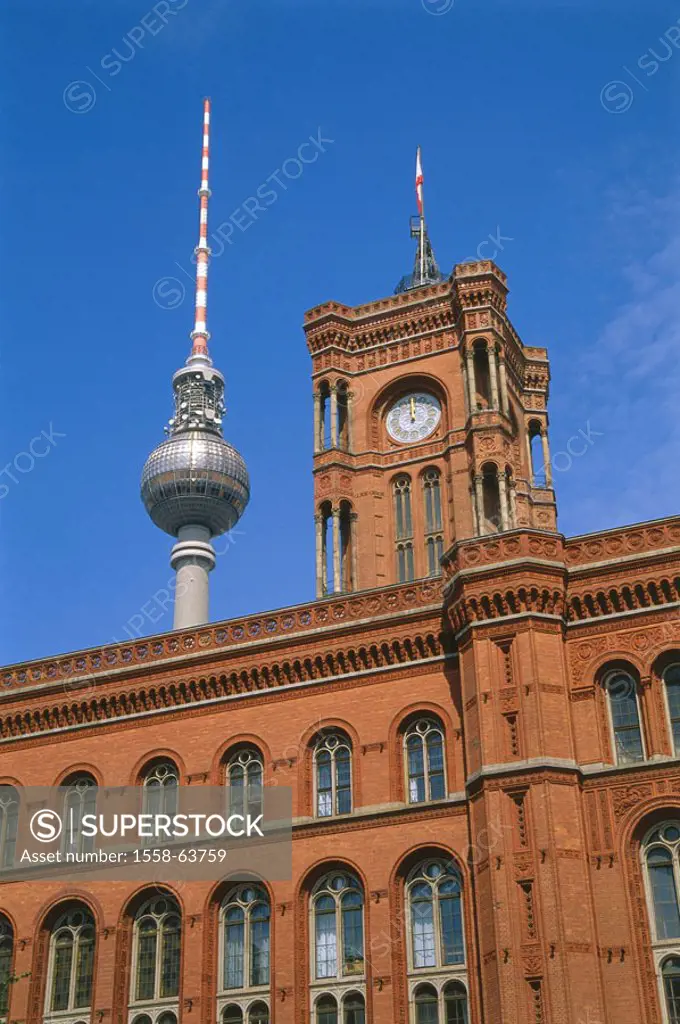 Germany, Berlin, Berlin-Mitte,  Berlin town hall, Fernsehturm,  Europe, city, capital, district Berlin middle city center of town ´red town hall´ buil...