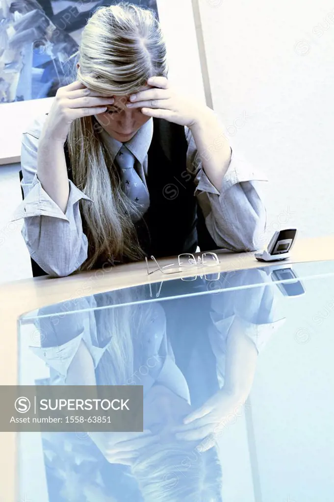 Businesswoman, young, tired, weak, revised, depress, glass table, reflection