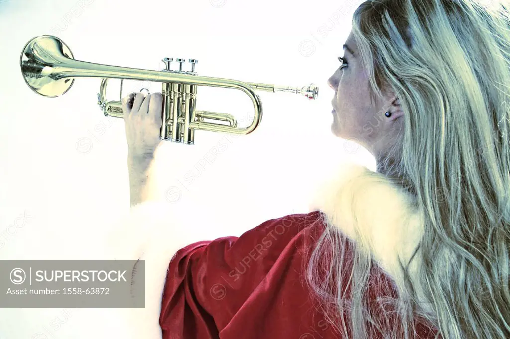 Christmas woman, trumpet, music,  view from behind, detail,
