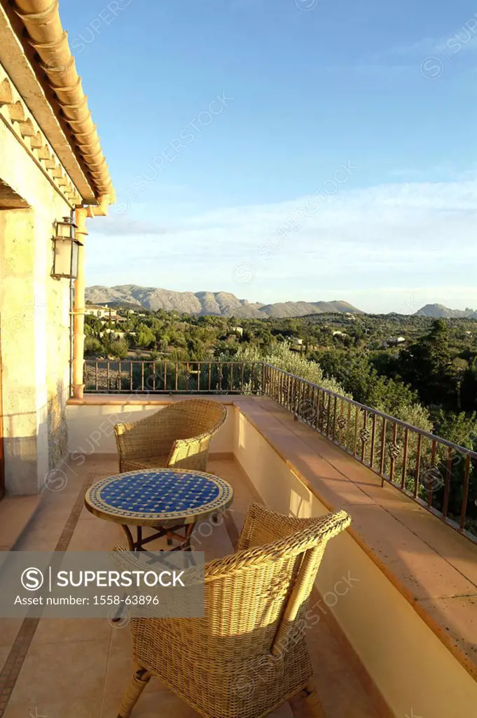 Spain, , Majorca,  Residence, balcony, basket furniture,  View  Vacation house, domicile, house, buildings, residence, hotel, vacation pension, vacati...