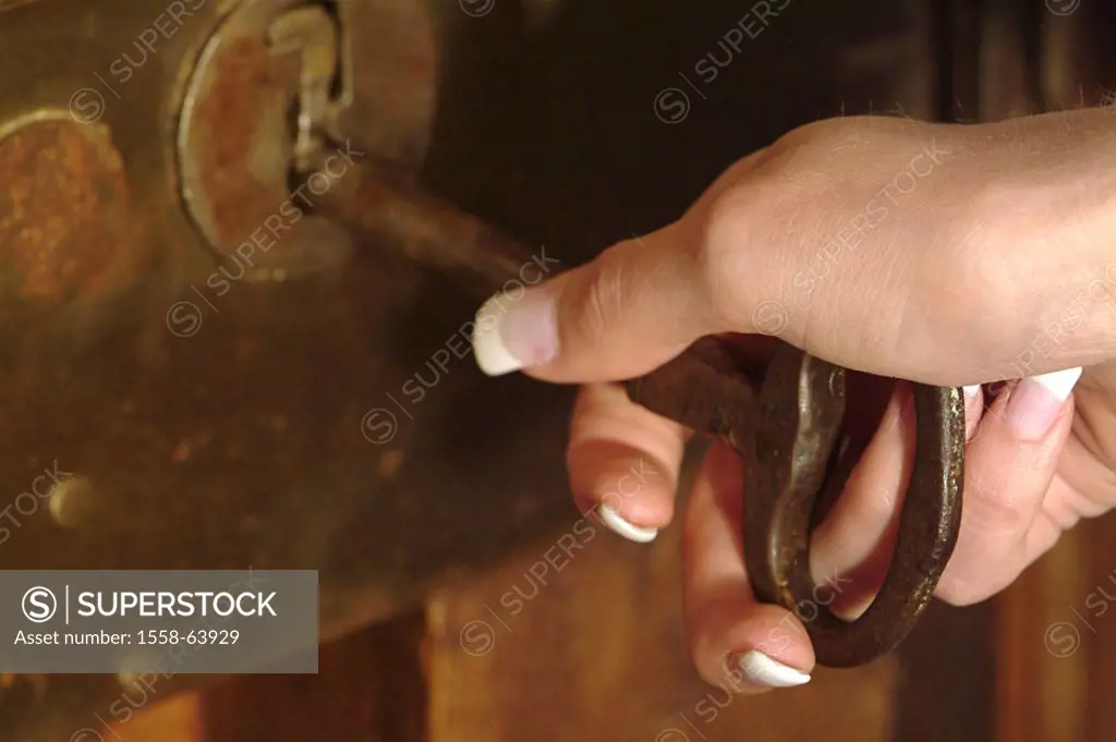 Women hand, keys, Türschloss,  old, close-up  Woman, detail, hand, door, keyhole, nostalgic, antique, rusty, metal, palace, locks up, opens, secures, ...
