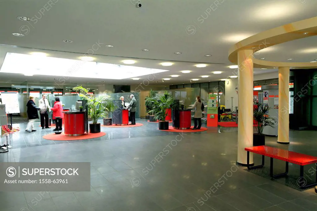 Bank buildings, indoors, customer traffic   Bank, credit institution, counters, job, jobs, counters, bank teller windows, tables, people, customers, c...