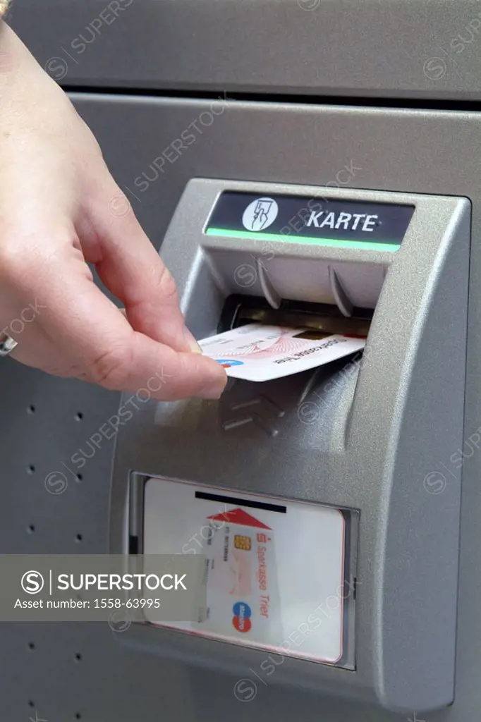 Bank vending machine, woman, hand, card,  introduces, close-up   Credit institution, bank, money, finances, EC, EC-Automat, lifts up self-service serv...