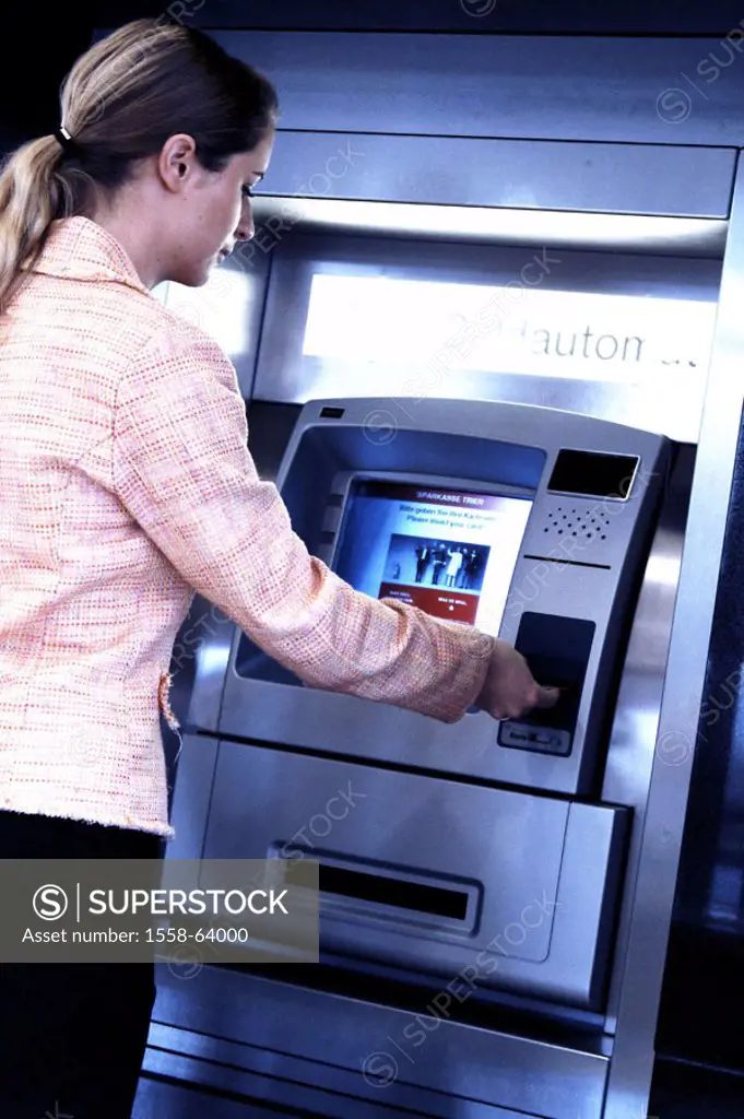 Woman, young, automatic teller, profile,   Credit institution, bank, money, finances, EC, EC-Automat, bank vending machine, vending machine, cash, lif...