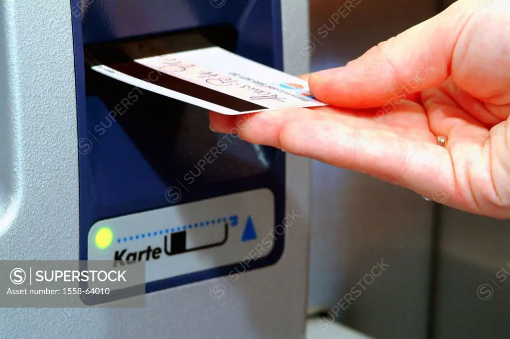 Bank vending machine, woman, hand, card,  introduces, close-up   Credit institution, bank, money, finances, EC, EC-Automat, lifts up self-service serv...
