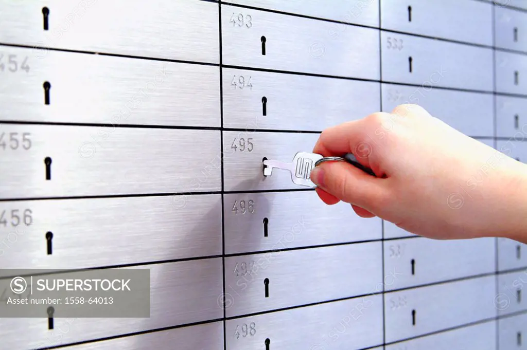 Bank, vault, lockers,  Hand, keys, opens, closes  Bank buildings, indoors, value subjects customer safes money, finances, valuables, warehouse, fortun...