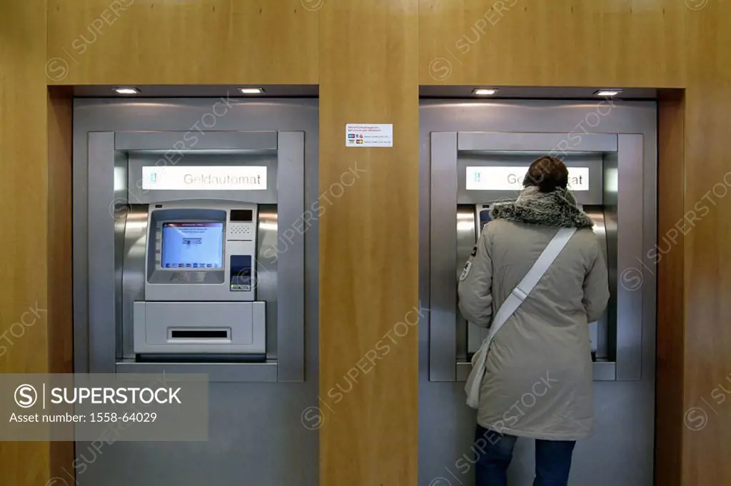 Woman, bank vending machine, view from behind   Credit institution, bank, money, finances, EC, EC-Automat, vending machine, bank vending machines, cas...