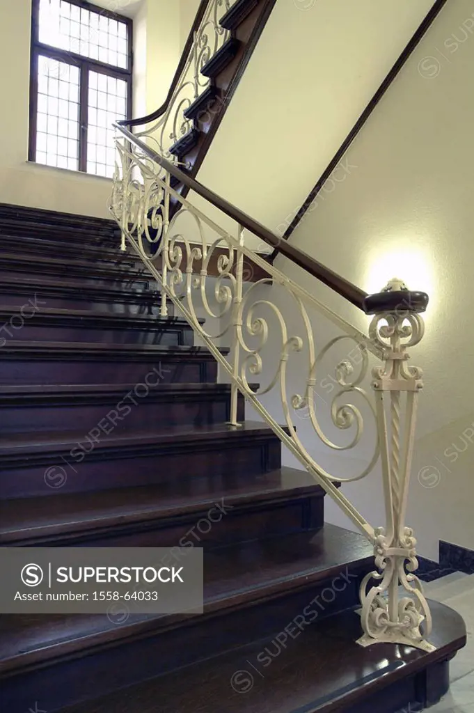 Stairwell, wood stairway, hand-rails,  decorate, windows, light  Stairway, stairways, indoors, interior reception, banisters, wrought-iron, handrail, ...