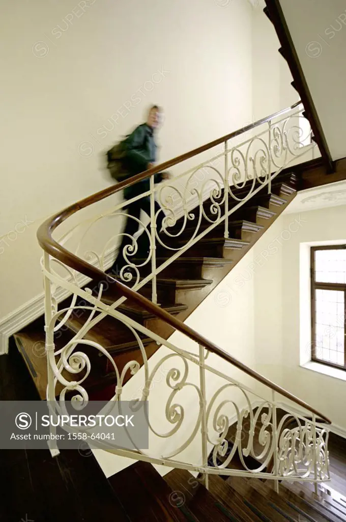 Stairwell, wood stairway, hand-rails,  decorate, person, stairway increases,  upward, blurs  Stairway, stairways, indoors, interior reception, baniste...