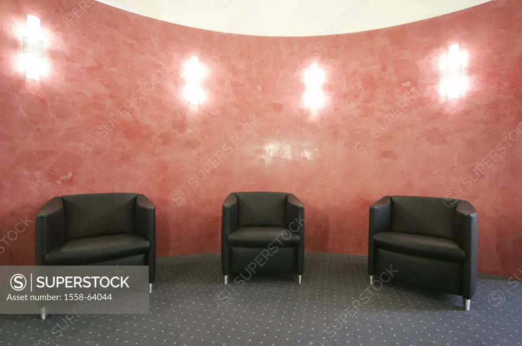 Chairs, three, black, wall, red,  Wall radiance  Interior reception, attendant area, seat furniture, leather chairs, empty, nobody, light, illuminatio...