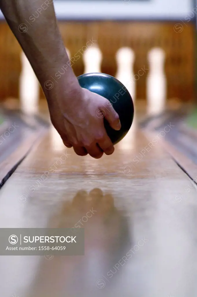 Bowling alley, cones, players,  Detail, hand, ball, aims  Leisure time, hobby, sport, track, cones, installation, game, bowlers, goal, attempt, clears...