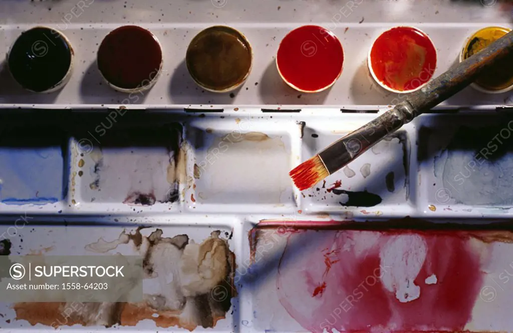 Paint box, detail, color pots, brushes,   Bristle brushes, watercolors, waresermalfarben, Malfarben, water-soluble, color boxes, color paint box, cove...